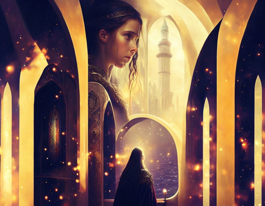 Fantasy artwork of cloaked figure and castle under starlit sky