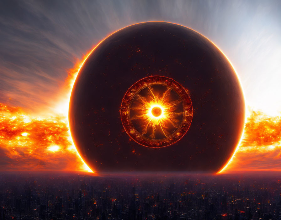 Futuristic cityscape under dark sphere in fiery sunset sky