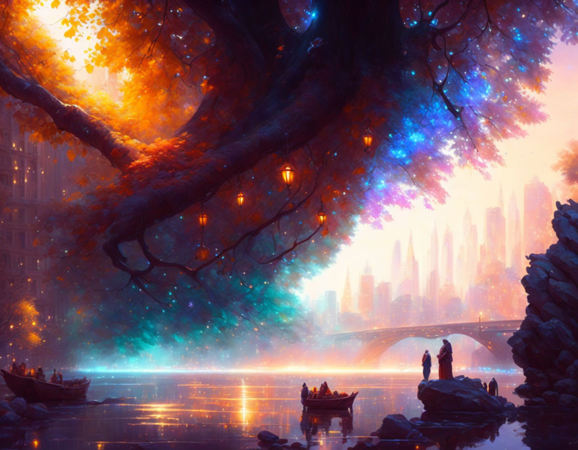 Fantasy cityscape at dusk with mystical tree, river boats, and intricate buildings