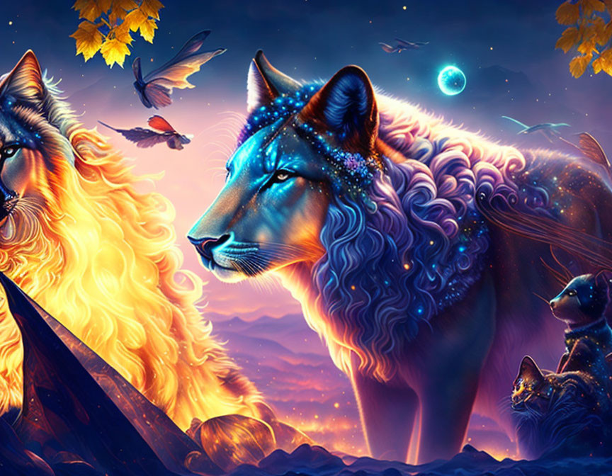 Artwork of Blue and Fire-Toned Wolves with Starry Sky and Crescent Moon