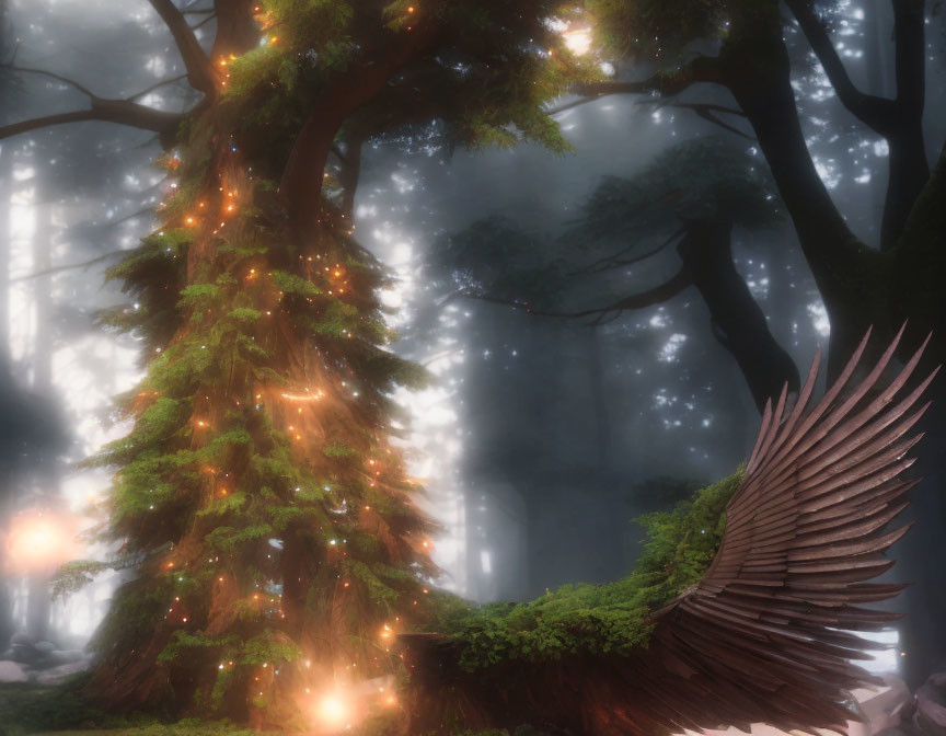 Enchanted forest scene with mystical tree, glowing lights, fog, and wooden wing sculpture