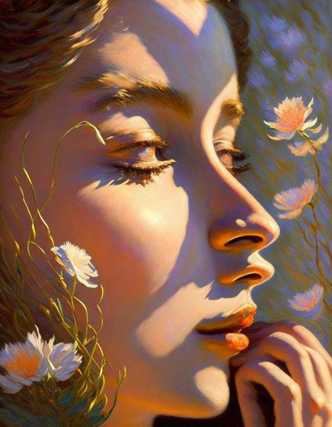 Profile Portrait of Woman Surrounded by Painted Flowers