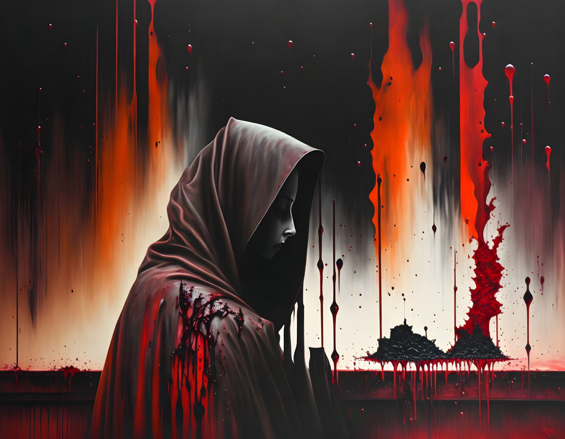 Hooded Figure in Front of Red and Black Background