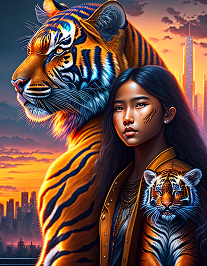 Girl with tiger-face paint holding a tiger cub beside city skyline at sunset