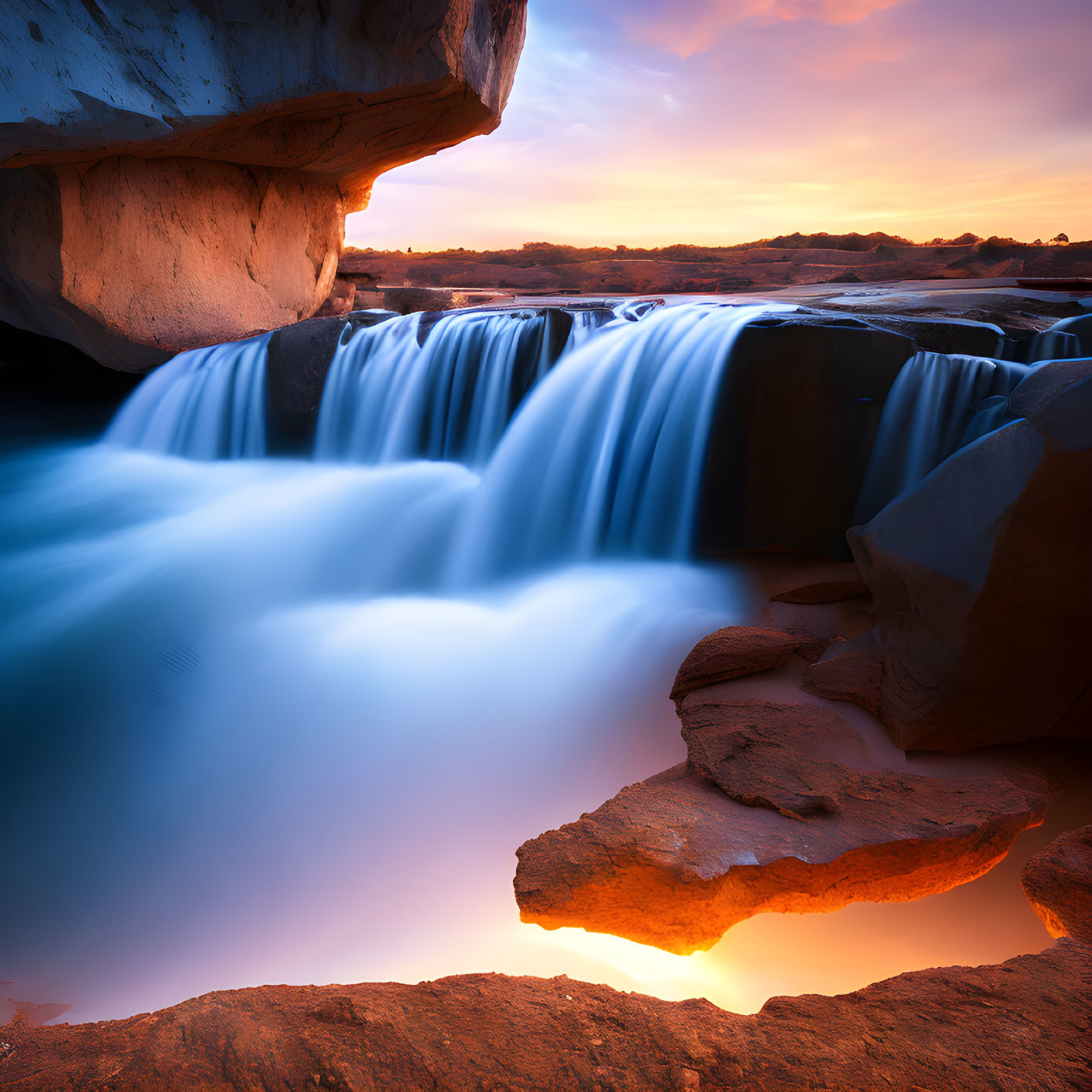 Tranquil waterfall over rocks at sunset