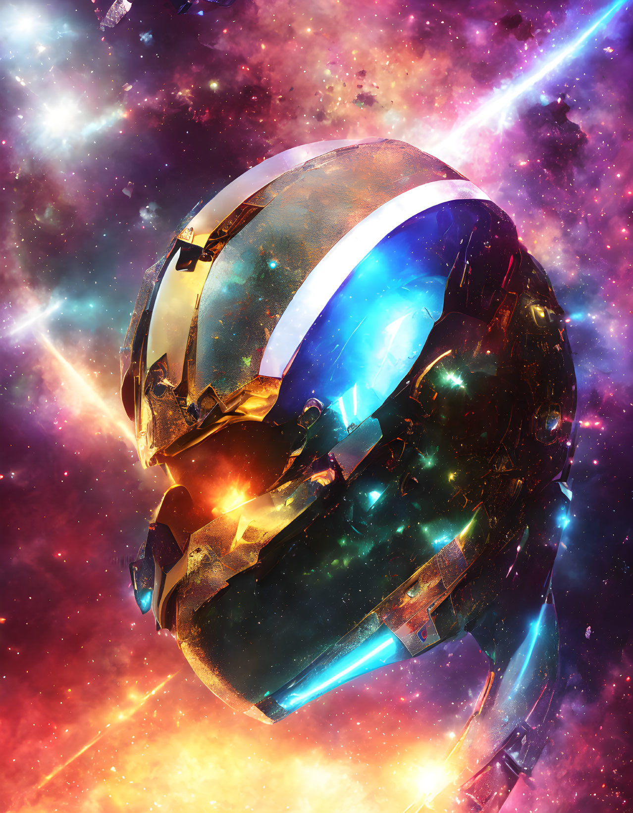 Colorful cosmic image of futuristic damaged helmet with neon lights in interstellar space