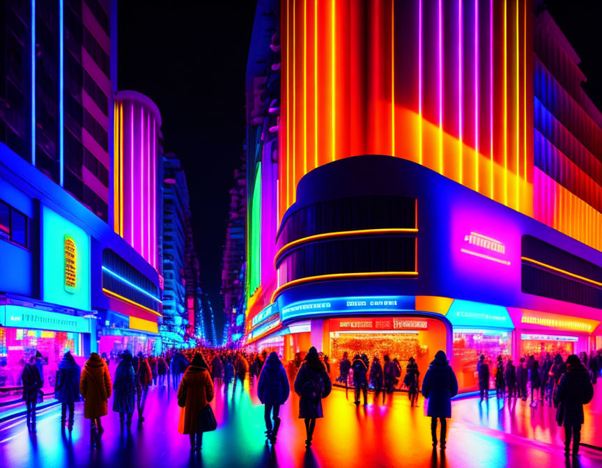 Colorful neon-lit city street at night with crowds and modern buildings