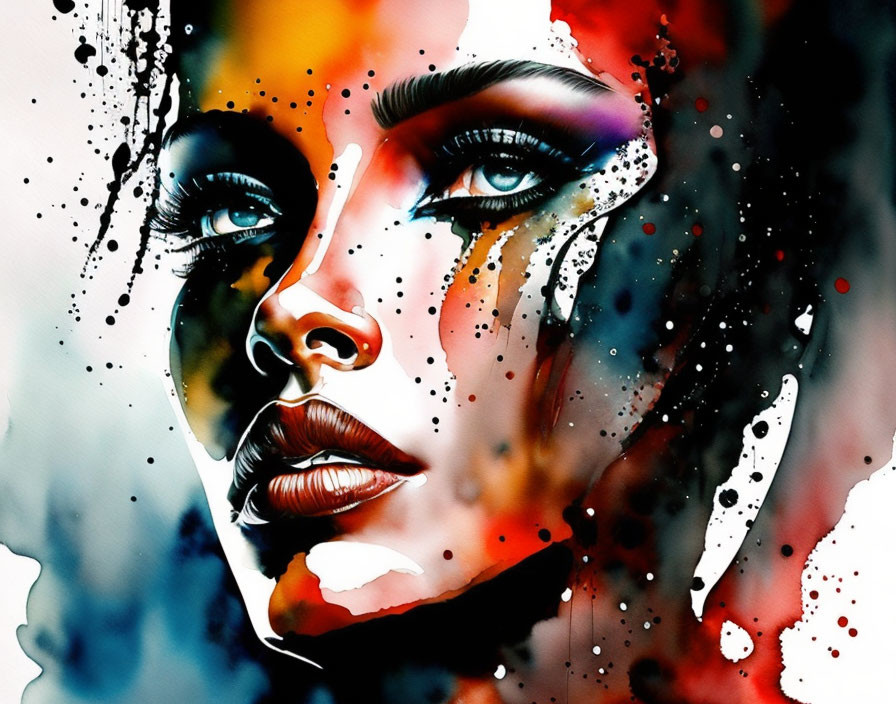 Vibrant watercolor-style portrait of a woman with striking makeup and dripping paint details