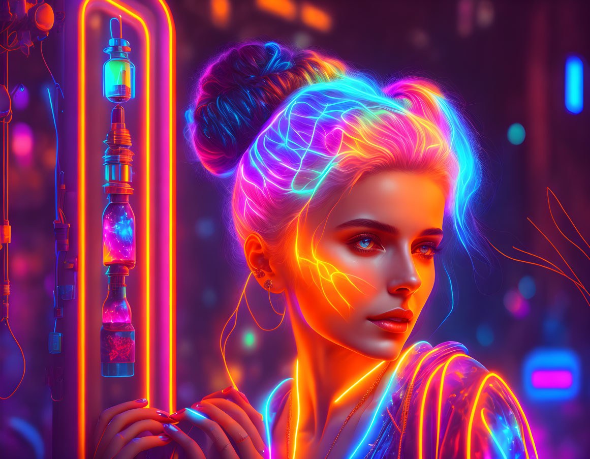 Futuristic digital artwork: Woman with neon-glowing hair