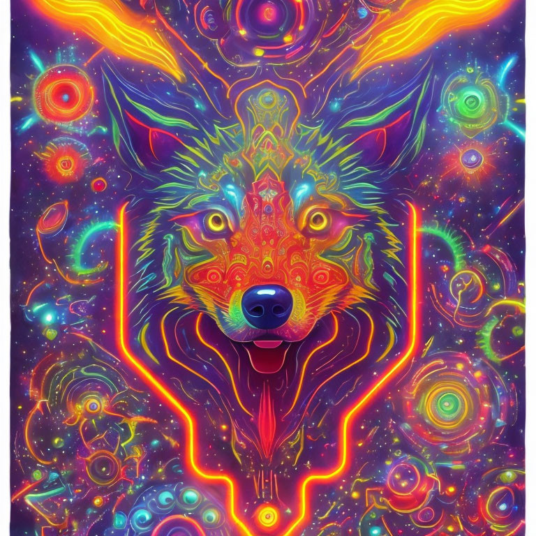 Colorful Psychedelic Wolf Illustration with Cosmic Elements