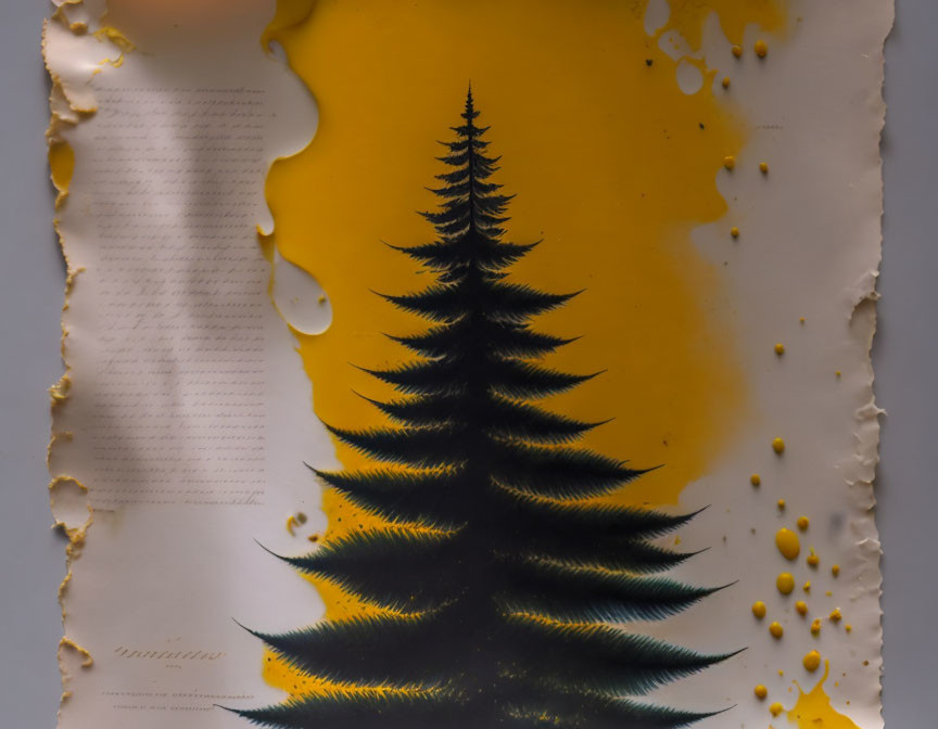 Damaged print of pine tree silhouette on yellow background with burnt page revealing text.