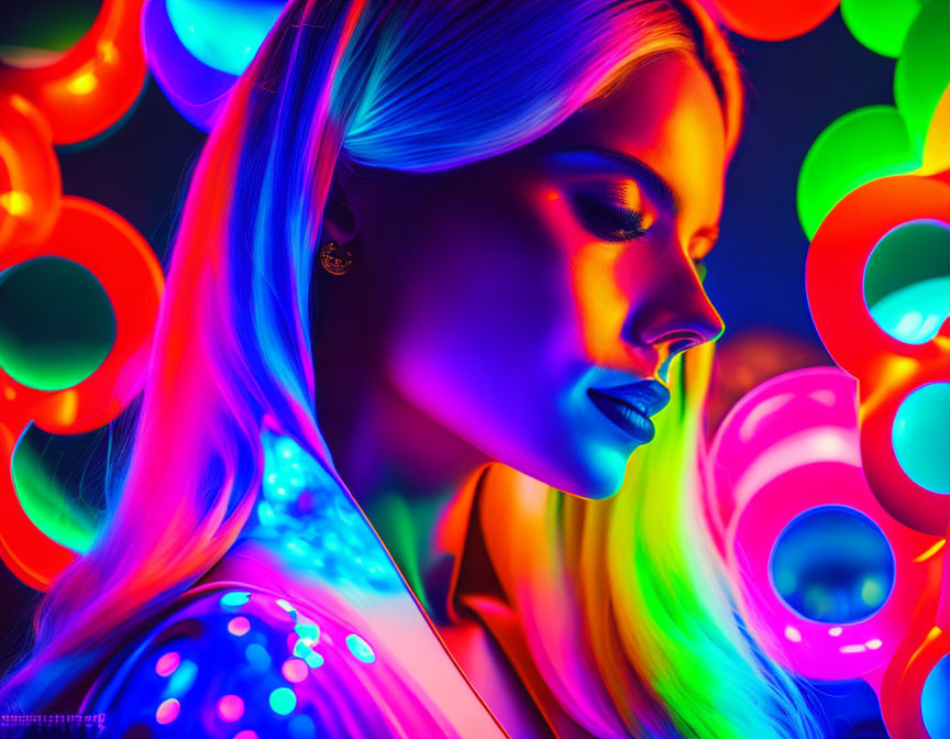 Woman's Profile with Neon Lighting and Colorful Glowing Circles