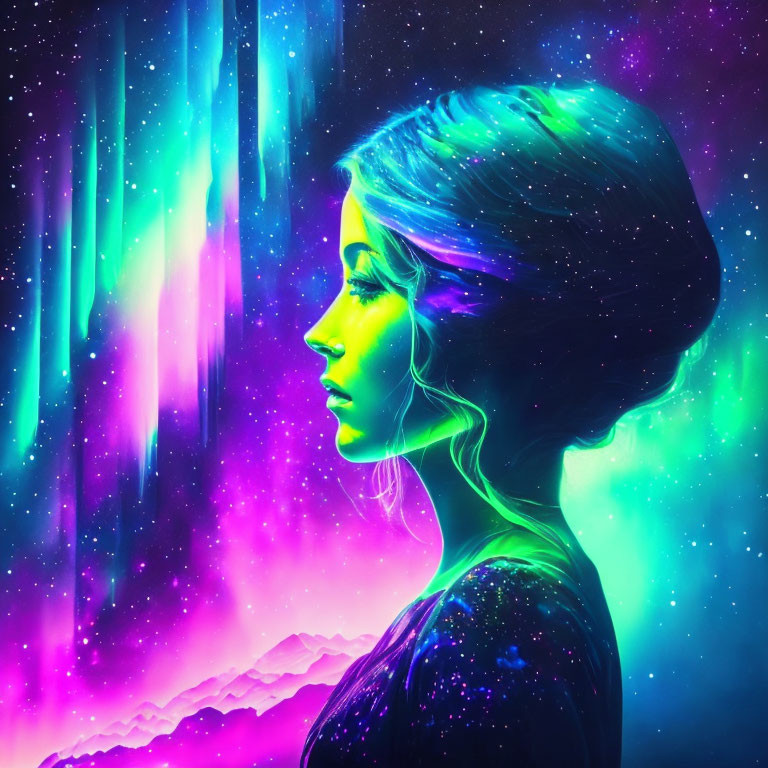 Cosmic-themed woman portrait with vibrant colors and celestial backdrop