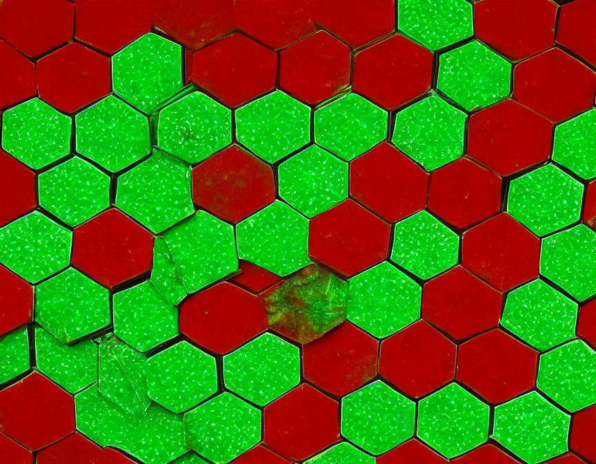 Red Hexagonal Tile Mosaic with Green Speckles