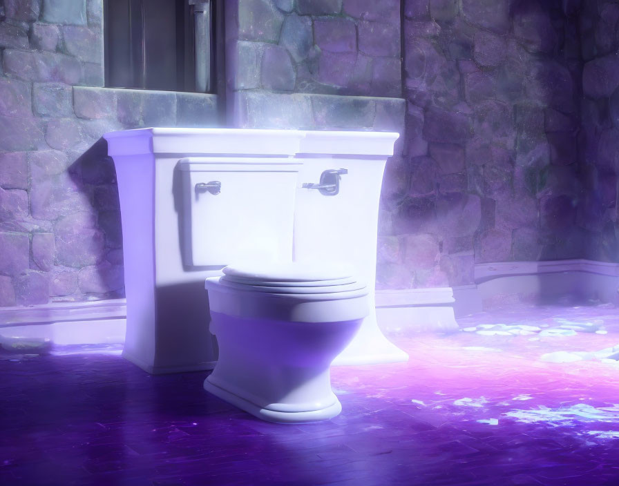 White Toilet and Tank in Soft Purple-Lit Room with Stone Walls