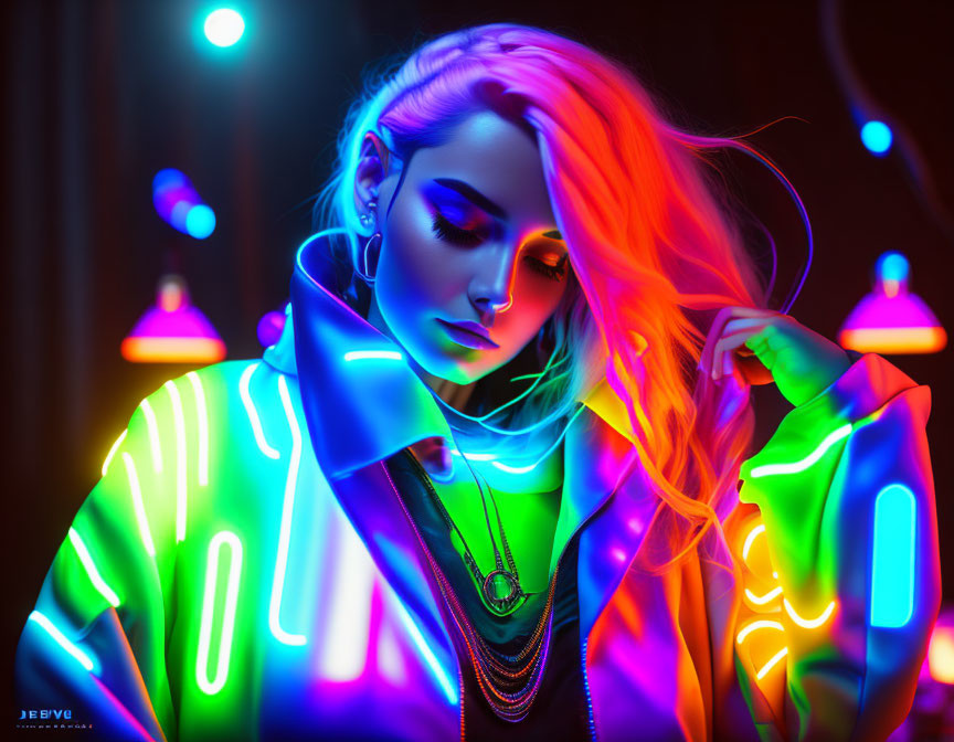 Colorful portrait with neon lighting on a woman