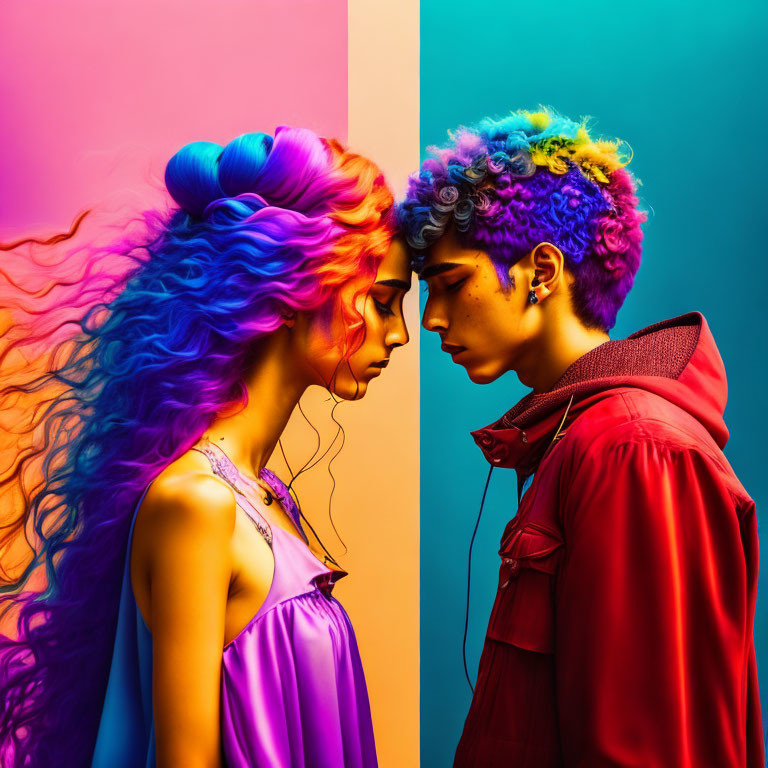 Vibrant rainbow-dyed hair on two people with colorful background