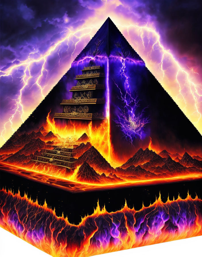 Mystical pyramid with glowing hieroglyphs in fiery stormscape