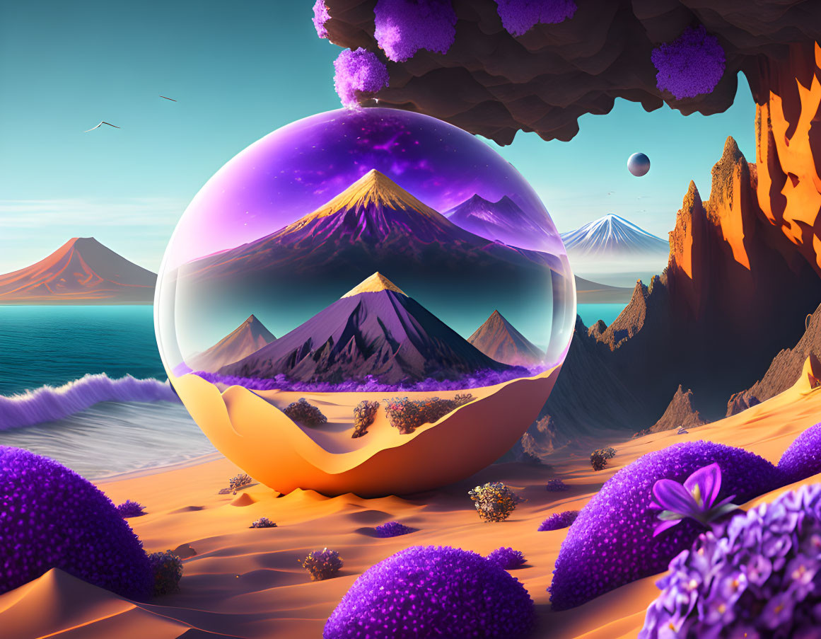 Digital artwork: Surreal landscape with purple foliage, orange sands, and mountains in transparent sphere.