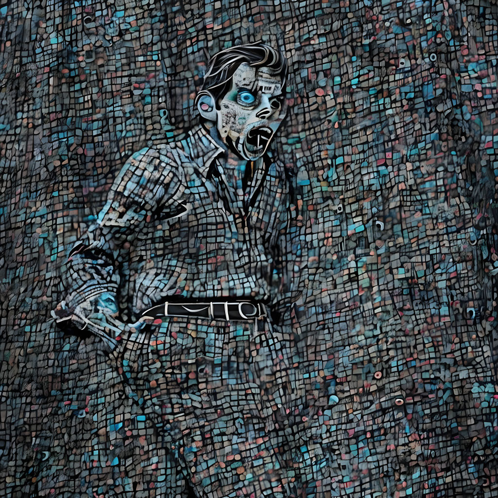 Person merged with circuit board texture in digitally altered artwork