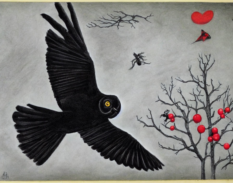 Black bird flying with barren trees, figure on thread, red heart - symbolic artwork.