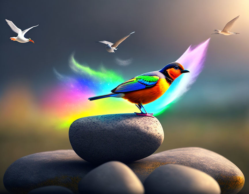 Colorful bird with rainbow tail on rock, seagulls flying in dusky sky