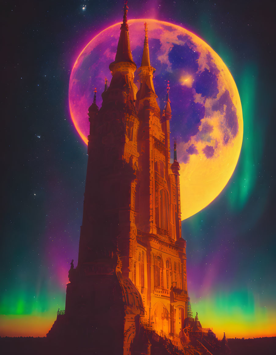 Fantastical castle with spires under purple moon and auroras