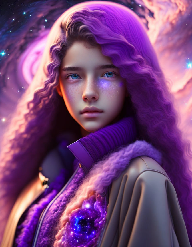 Voluminous Purple Hair & Blue Eyes Portrait Against Cosmic Background