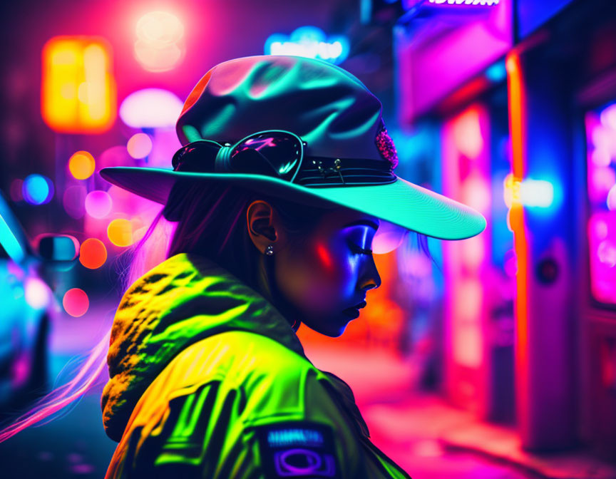 Person in Reflective Jacket and Hat with Goggles Under Neon Lights