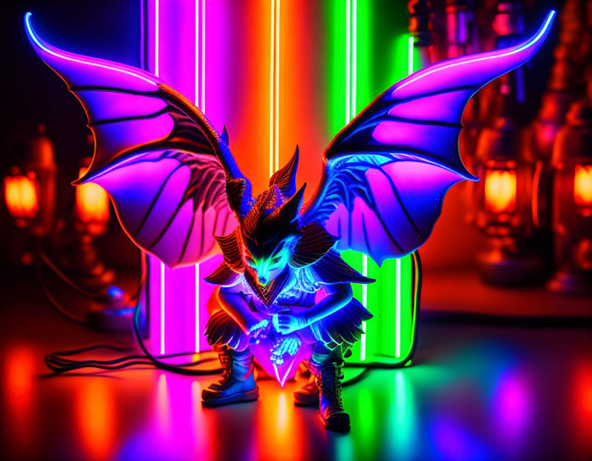 Colorful figurine with bat-like wings under neon lights and candles