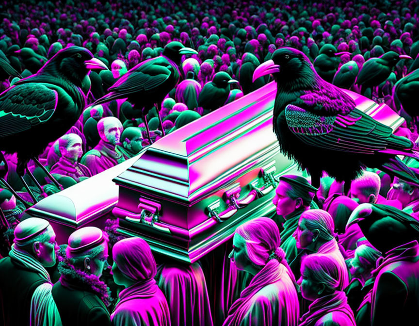 Digitally altered image: Raven on casket in surreal purple and green setting