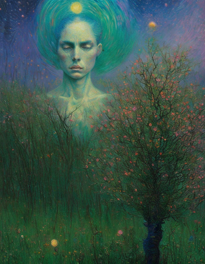 Serene figure with closed eyes in starlit meadow with tree