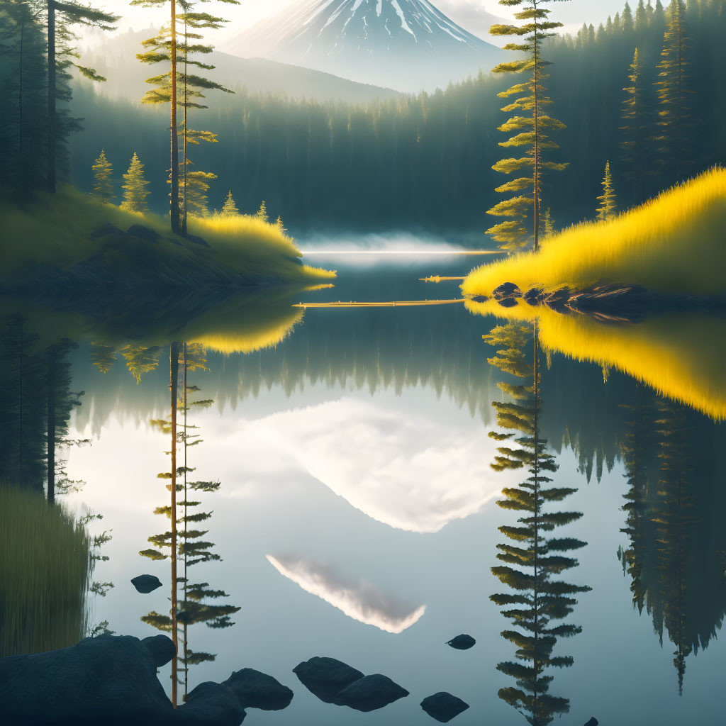 Tranquil lake with trees, mountain, and golden haze