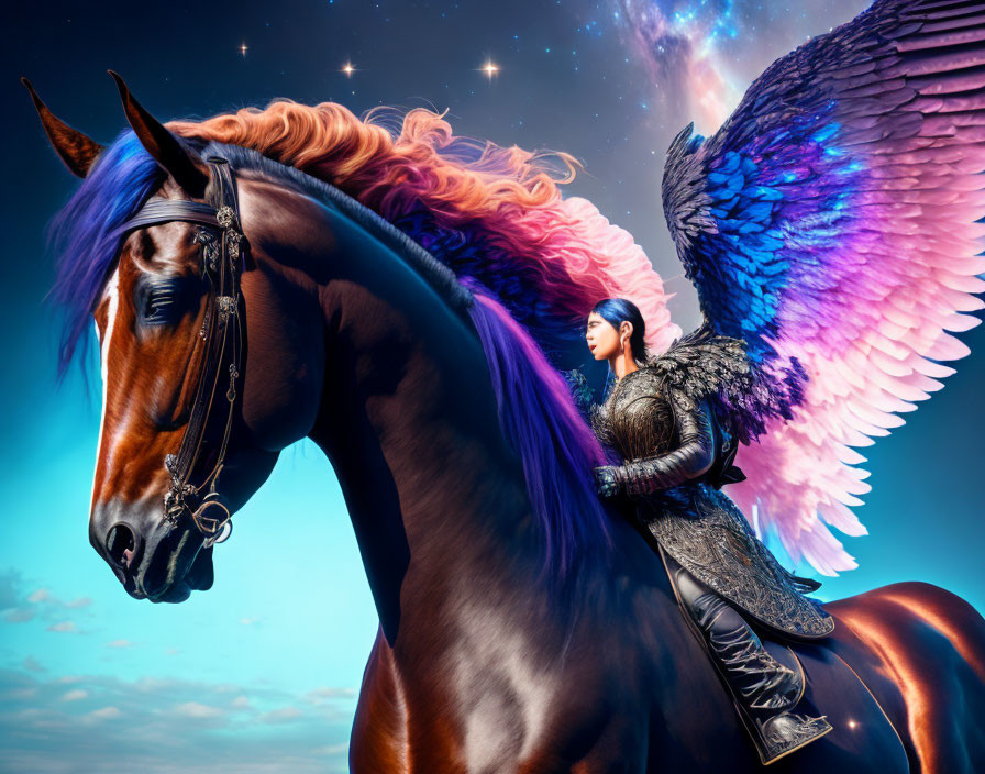 Majestic winged horse and armored figure under starry sky