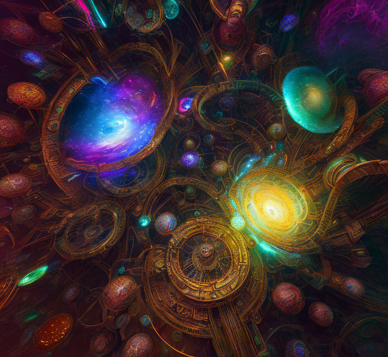 Colorful Abstract Illustration of Cosmic Galaxies and Light Orbs