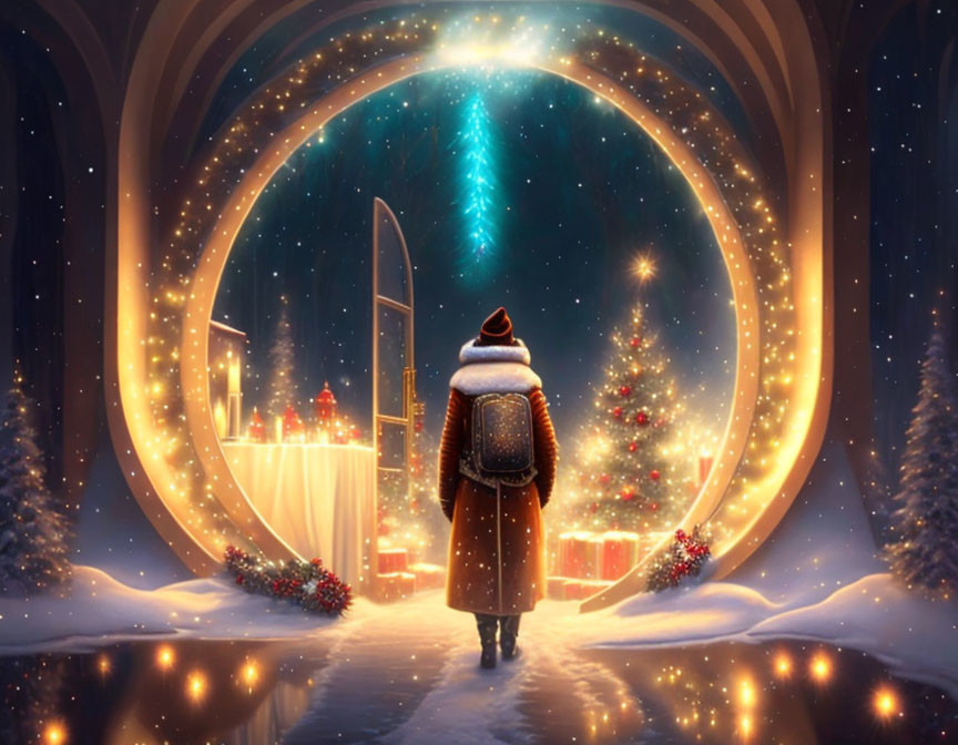 Person in Winter Attire by Luminous Christmas Tunnel