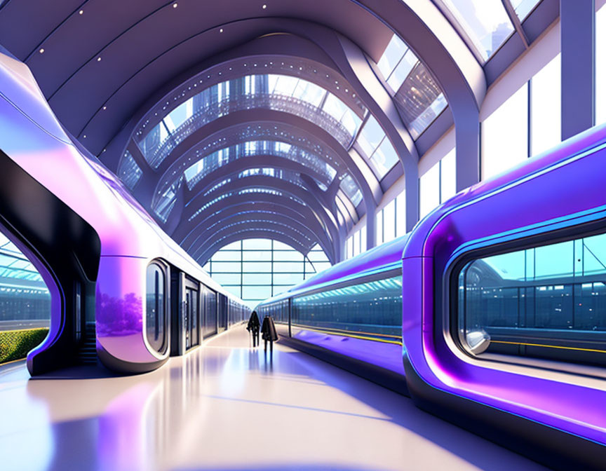 Modern train station with purple trains, glass ceiling, and pedestrian.