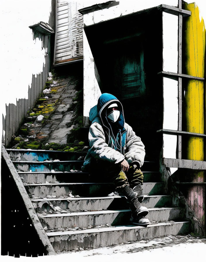 Person in Hoodie and Face Mask Sitting on Graffiti-Covered Stairs