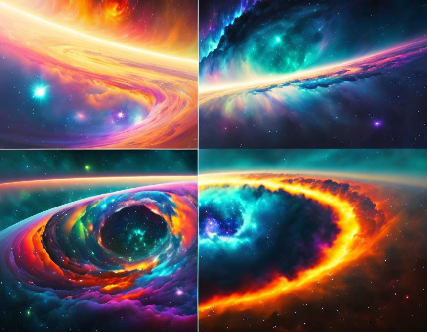 Vibrant space scenes with swirling nebulas and radiant stars