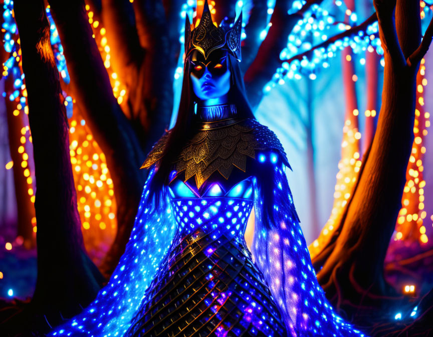 Person in Blue Fantasy Costume in Enchanted Forest with Twinkling Lights