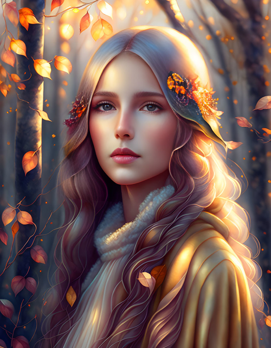 Blonde woman with autumn leaves in serene forest setting