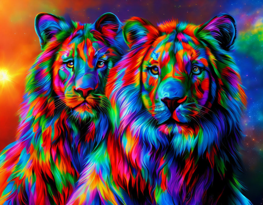 Colorful illustration: Two lions in psychedelic palette on starry background