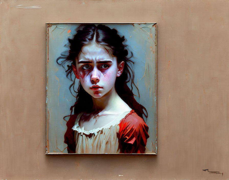 Portrait of a sorrowful young girl in ornate frame