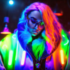 Colorful portrait with neon lighting on a woman