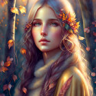 Blonde woman with autumn leaves in serene forest setting