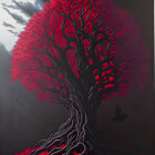 Vivid red tree in surrealistic painting on monochrome background