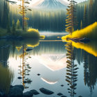 Tranquil lake with trees, mountain, and golden haze