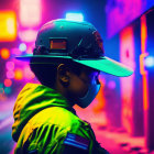 Person in Reflective Jacket and Hat with Goggles Under Neon Lights