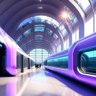 Modern train station with purple trains, glass ceiling, and pedestrian.