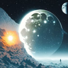 Surreal cosmic landscape with planet, moons, star, icy terrain, and person silhouette